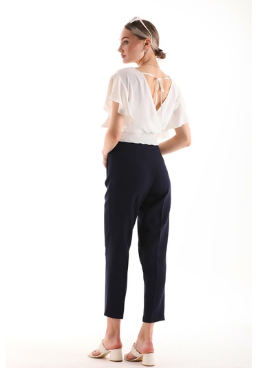 Yüksek Bel Pileli Filota Cep Görünümlü Dabıl Kumaş Pantolon Laciv Lacivert