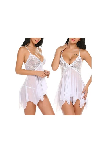 Beyaz Artı Boyutu Kadınlar İçin Yeni Sling Lingerie Derin V Dantel Babydoll Pijama Boudoir Kıyafetler