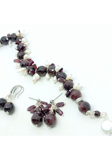 Sibelce 2687 Garnet Doğal İnci Zirkon El Yapımı Bileklik Bordo