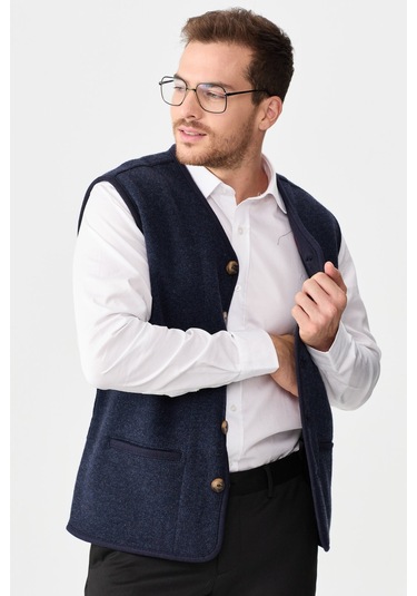 Erkek V Yaka Keçe Aksesuarlı Pike Dokuma Yün Yelek K.lacivert K.lacivert