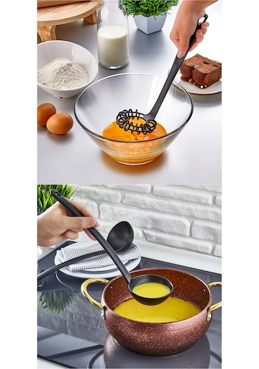 7 Parça Yanmaz Yapışmaz Teflon Kaplama Servis Seti Kepçe Kevgir Spatula Kaşık Plastik Servis Takımı