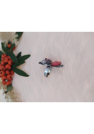 Gümüş Renk Fare Figürlü Yüzük Pembe Kristalli Ayarlanabilir Çocuk Yüzük