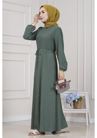 Beli Tünelli Fitilli Aslı Elbise-yeşil-5468 Yeşil