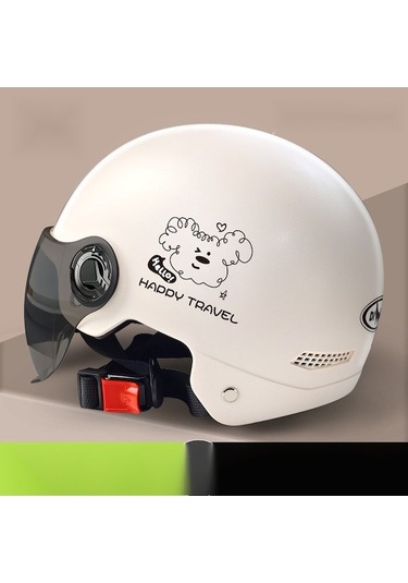 Ranyeek L019 Beyaz Çizgili Köpek Desenli 3c Onaylı Kısa Kask - Elektrikli Araçlar İçin Dört Mevsim Güvenlik Kaski