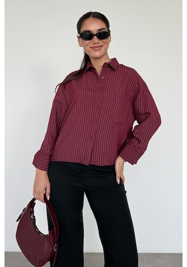 Madmext Bordo Çizgili Oversize Kadın Gömlek Mg2093 Bordo