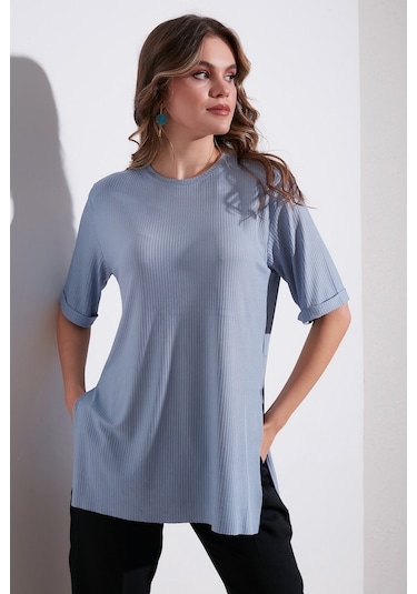Lela Oversize Bisiklet Yaka Yırtmaç Detaylı Bayan Bluz 5863683 Bebe Mavi