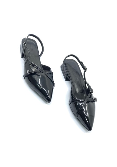 Feles Toka Detaylı Kısa Topuklu Arkası Açık Kadın Babet Ayakkabı Siyah-rugan