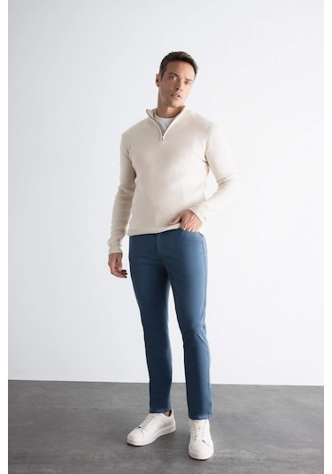 Defacto Chino Kanvas Pantolon Slim Fit Dar Kesim Pamuklu Esnek Dar Paça C9441AX24AUIN264 İndigo