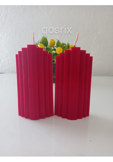 2'li Kırmızı Soya Doğal Vanilya Kokulu Sütun Geometrik Şekil Mum