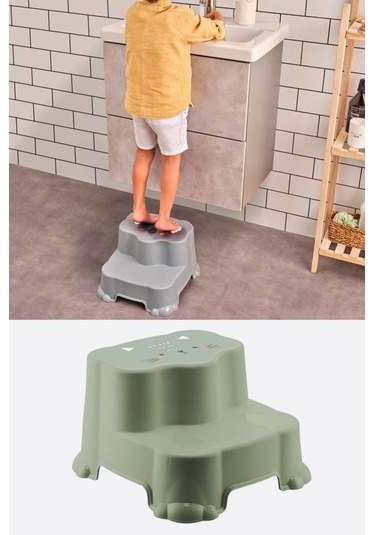 Flosoft Kaydırmaz Çocuk Taburesi Çift Basamaklı, Çocuk Banyo Lavabo Merdiven Yükseltici Yeşil