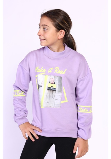 Toontoy Kız Çocuk Baskılı Taş İşlemeli Balıkçı Yaka Sweatshirt Lila