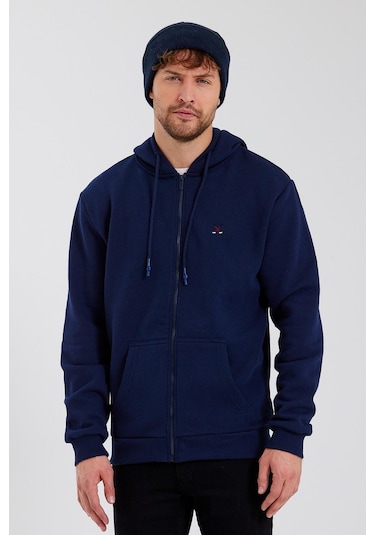 Polostate Erkek Fermuarlı Kanguru Cep 3 İplik Sweatshirt Lacivert