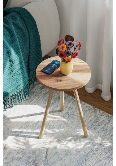 İntergo Yuvarlak Ahşap Ayaklı Tekli Zigon Yan Sehpa Atlantik Çam