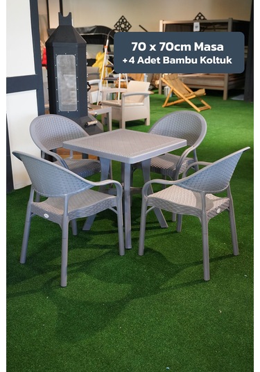 Alezy Bambu Balkon Bahçe Masa Takımı 4 Kişilik 70x70 Masa 4 Adet Bambu Koltuk Gri