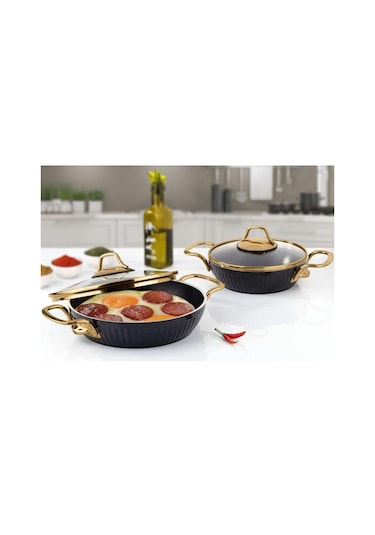 Lines Maya Granit Desenli 4 Parça Sahan Set Altın Kulp Siyah