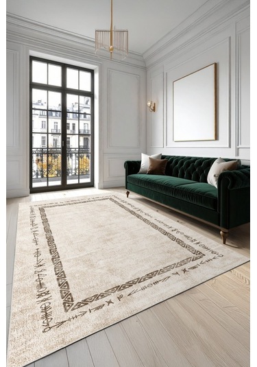 Zeminde Geleneksel İzler Geometrik Motifli Bej Renkli Kaymaz Taban Halı Bej