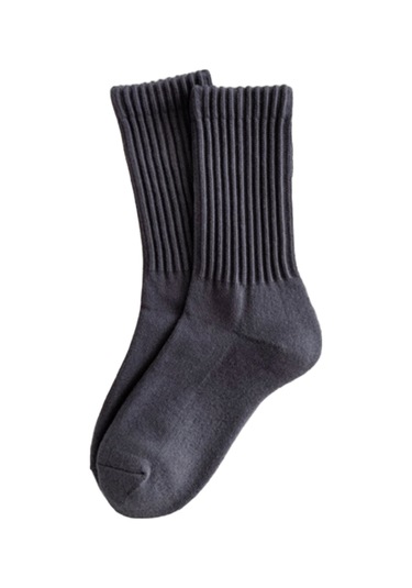Monyee Gri Düz Dikey Çizgili Kolu Patikli Yığmalı Orta Boy Bacak Çorabı 1 Adet - 95% Poliester 5% Spandeks Gri