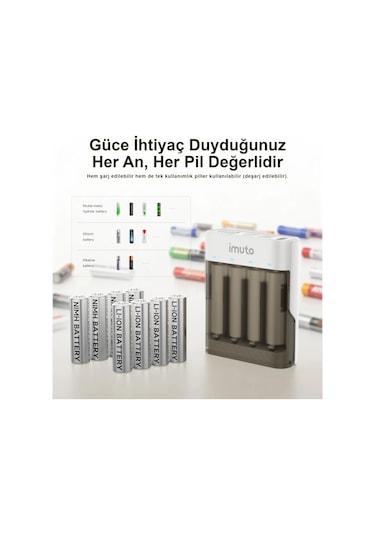 Imuto 3600mwh Aa Şarj Edilebilir Pil + Power Case Şarj Kiti 4 Lü Paket