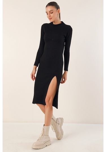 Bigdart 15828 Yırtmaçlı Triko Elbise - Siyah 001