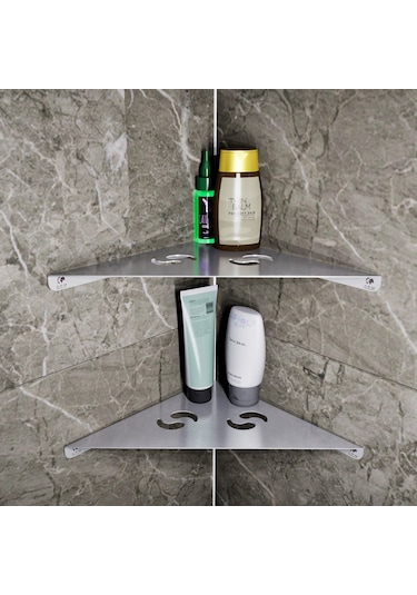 Paslanmaz Çelik 2 Katlı Köşe Banyo Rafı Defne Model 25,3x25,3 Cm - Yapıştırmalı & Vidalı Montaj Gri