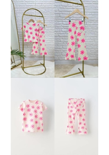 Kız Çocuk Pembe Çiçek Desenli Fitilli Kumaş T-shirt Tayt İspanyol Alt Üst Takım Pembe