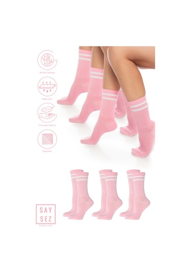 Bambu Unisex Tenis Kolej Çizgili Premium Pembe Renk Dikişsiz Soket Çorap 3'lü Paket Pembe