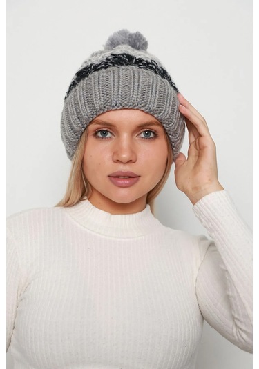 Ponpon Detay Örgü İçi Kürklü Kadın Bere Rkş-21 Gri Gri