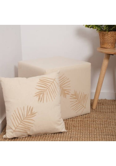 Palm Puf-bej/yaprak Baskılı 40x40x40 Cm