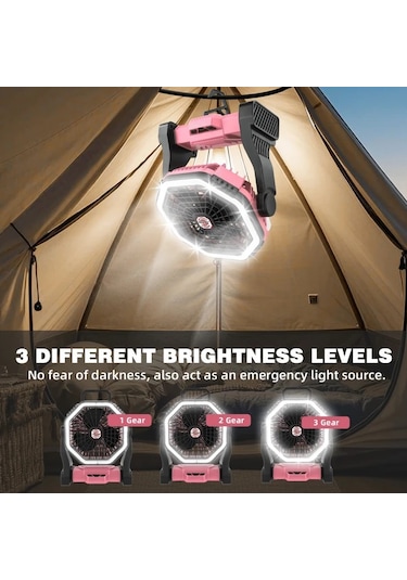 Motion003 Roykaw 10000mah Sarj Edilebilir Kamp Fanli Telefon Sarjli Led Aydinlatmali Cadir Fan Pembe