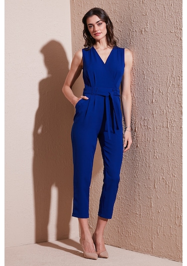 Lela Slim Fit Düz Paça Kruvaze Yaka Kemerli Bayan Tulum 6783626 Saks