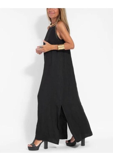 Bahar Ve Yaz Kadın Modası Rahat Pamuklu Yarık Askılı Elbise Siyah