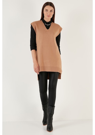 Lela V Yaka Arkası Uzun Triko Bayan Süveter 4616082Y Camel