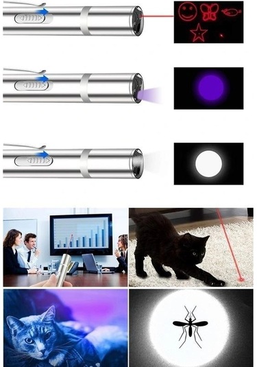 Buffer Usb İle Şarj Edilebilen 3ın 1 Kırmızı Işık +beyaz Led Meşale Işık + Uv El Feneri Kedi Lazeri Çok Renkli
