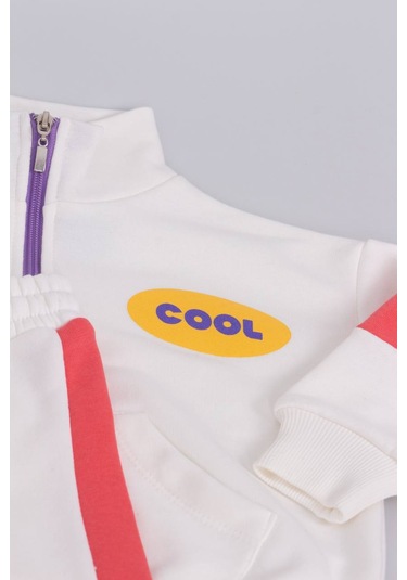 Lacıel Parıs Cool Sloganlı Yakalı Fermuarlı Kız Çocuk Eşofman Takım Beyaz
