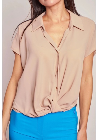 Likrasız Şık Kumaş Yakalı Düşük Omuzlu Önü Pileli Gömlek-Kum Beji Kum Beji