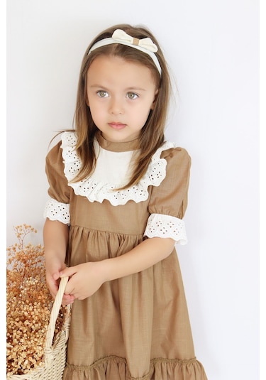Kız Çocuk Ruby Kahverengi Fırfırlı Dantel Detaylı Kısa Kollu Elbise Bandana Takım Elb-0070.16 Kahverengi