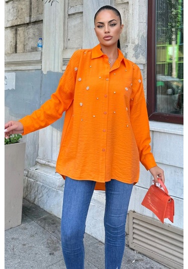 Turuncu Taş Detaylı Keten Klasik Gömlek Turuncu