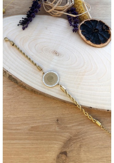 Allmisse Altın Kaplama Zirkon Taşlı Burgu Zincirli Ata Çelik Bileklik Altın