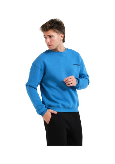 Justever Bisiklet Yaka Nakışlı Şardonlu İçi Polarlı Mavi Erkek Sweatshirt - Volar Mavi
