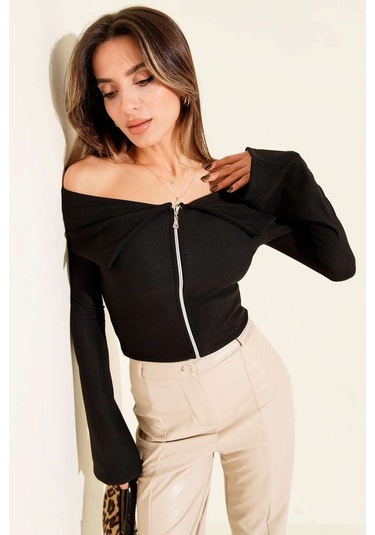 Biçomi Omzu Açık Fermuarlı Bluz Siyah T4330 Siyah