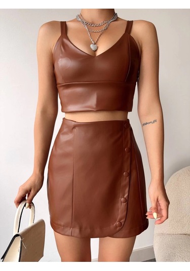 Beş Düğmeli Oval Deri Etek Kahve H240068 Kahve