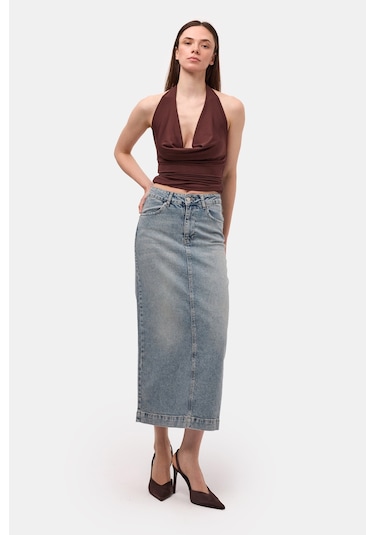 Itsbasic Kadın Kot Renk 4s6-32 Maxi Komfort Kumaş Arkadan Yırtmaçlı Denim Etek