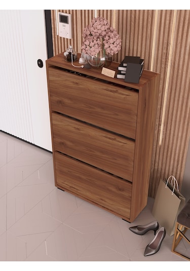 Skeche Düşer Kapak Ayakkabılık Raflı Ayakkabılık 3 Bölmeli Ayakkabılık Ceviz Ceviz