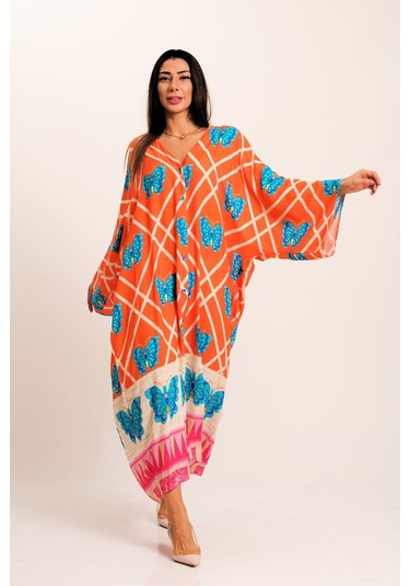 Kadın Turuncu Kelebek Desenli V Yaka Yarasa Kol Cepli Oversize Uzun Gömlek Elbise - Turuncu