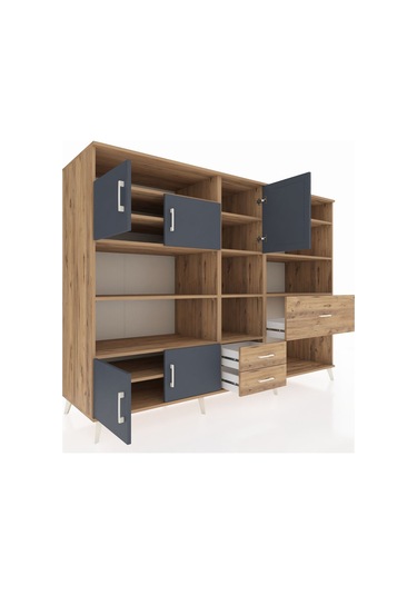 Kronos Dolap 13 Raflı 3 Çekmeceli 5 Kapaklı 220x59x163 Çam-antras Çam-antrasit/çam