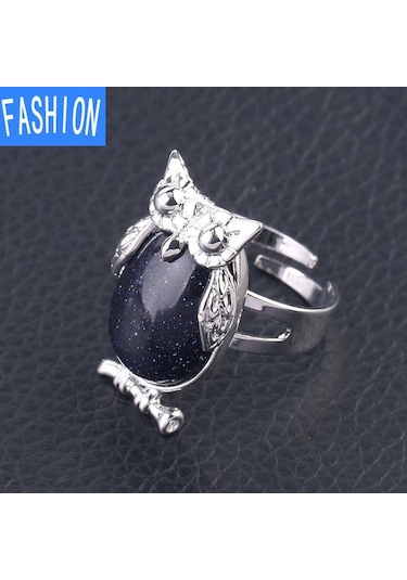 Mavi Kum Metal Baykuş Dışbükey Doğal Kristal Kakma Ayarlanabilir Yüzük Çok Renkli