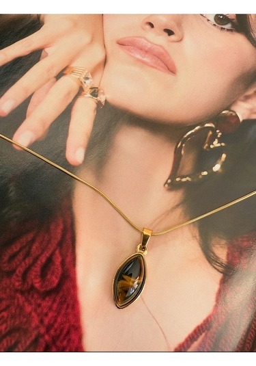 Oval Kahverengi Taşlı Kararmaz Çelik Kadın Gold Kolye Modern Ve Altın