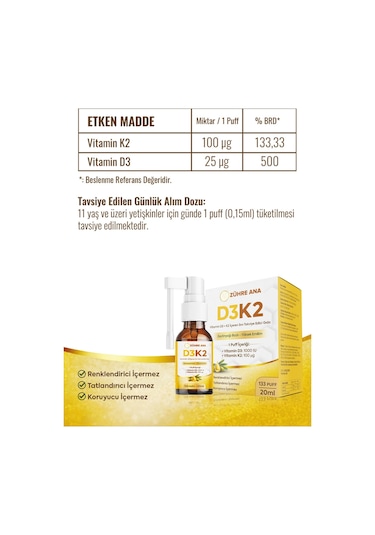 Vitamin D3&k2 İçeren Sıvı Takviye Sprey 20 ML