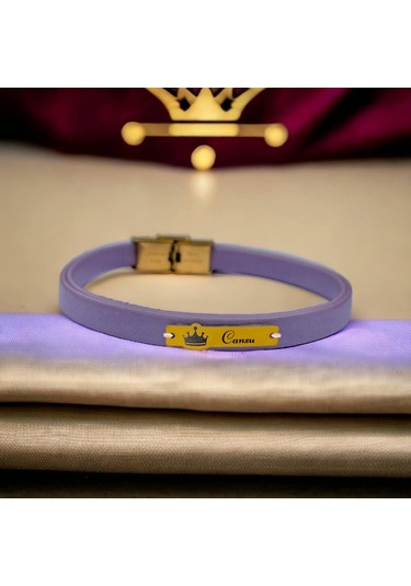 Archin Cansu İsmine Özel 14 Ayar Altın Plakalı Taç Motifli Hakiki Mor Derili Hediye Bileklik-571isim Cansu