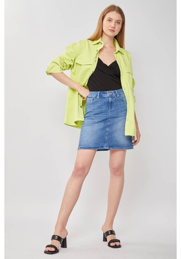 Kadın Açık Mavi Jean Midi Etek 16S100-1